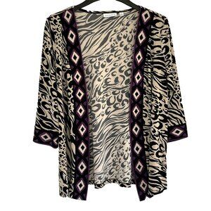 Susan Graver Liquid Knit Cardigan sz M 3/4 Sleeve Tribal Animal Print Office